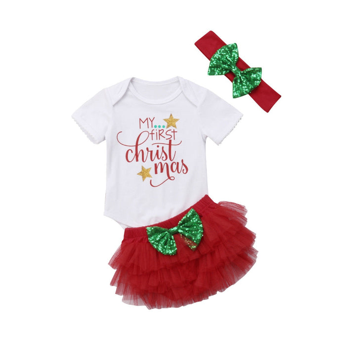Emmababy Xmas Newborn Baby Girl My First Christmas Romper+ Red Lace Tulle Pants Clothes Outfits